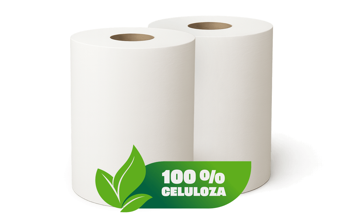 Dva ubrusa koji stoje jedan pored drugog i ispod njih je grafički prikaz u zelenoj boji na kom piše “100 % celuloza”