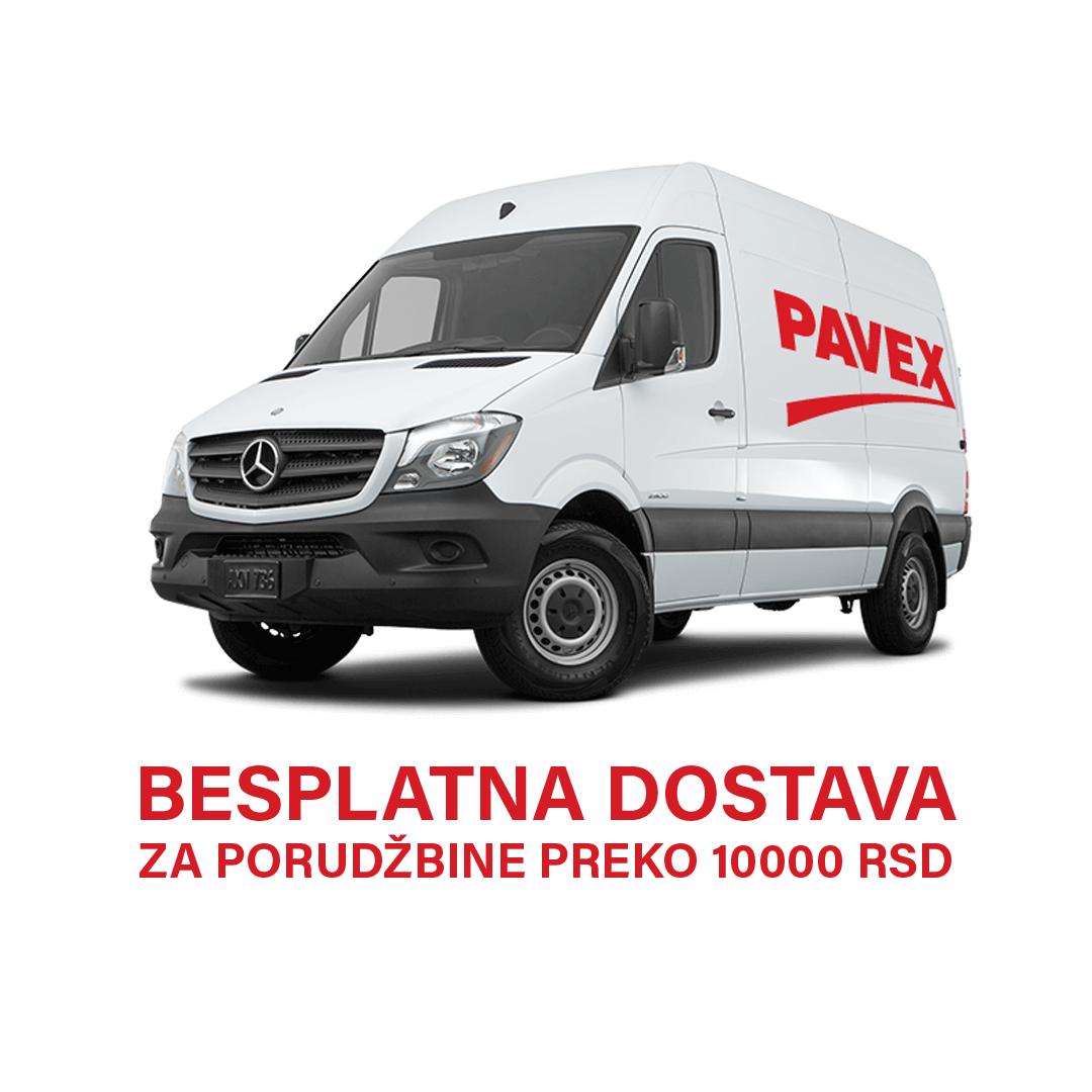 besplatna dostava za porudžbine preko 10 000 dinara i slika brendiranog belog kamiona sa crvenim logom Pavex.