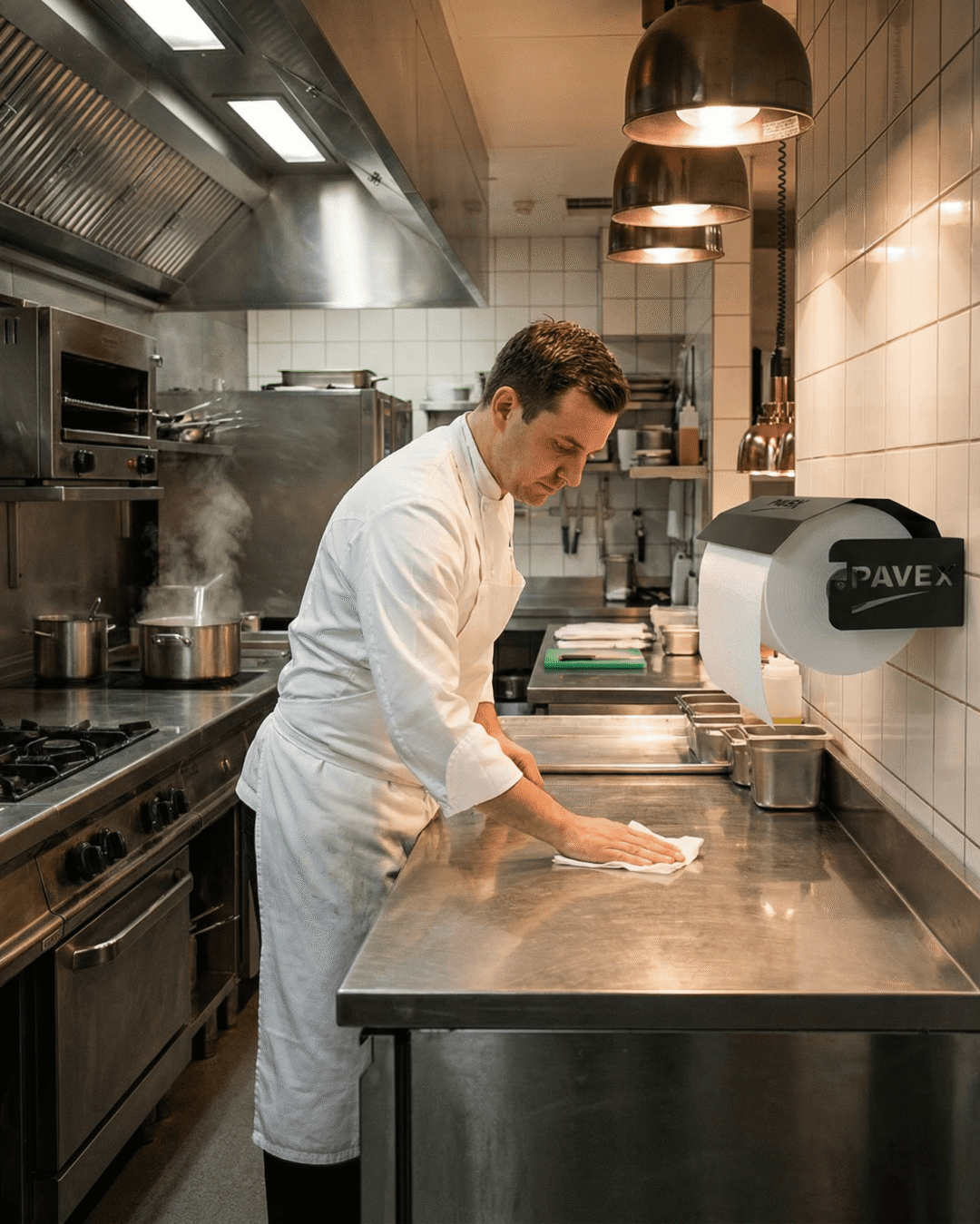 Firefly_Gemini Flash_Realistic scene inside a professional restaurant kitchen, a chef wearing a white unif 931976 (1)