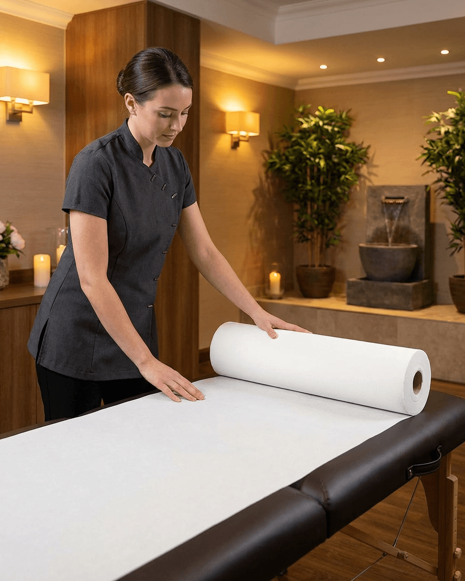 Firefly_GeminiFlash_Realistic female massage therapist in a modern massage salon, standing next to a mass 910817